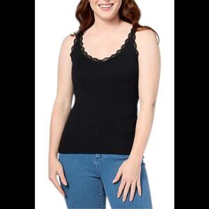 TWRHLL by Christie Brinkley Women's Lace Trimmed Sweater Knit Tank Blk - Regular